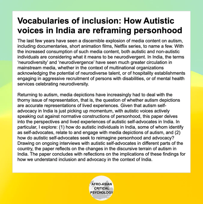 The last few years have seen a discernible explosion of media content on autism, including documentaries, short animation films, Netflix series, to name a few. With the increased consumption of such media content, both autistic and non-autistic individuals are considering what it means to be neurodivergent. In India, the terms ‘neurodiversity’ and ‘neurodivergence’ have seen much greater circulation in mainstream media, whether in the context of multinational organizations acknowledging the potential of neurodiverse talent, or of hospitality establishments engaging in aggressive recruitment of persons with disabilities, or of mental health services celebrating neurodiversity. 

Returning to autism, media depictions have increasingly had to deal with the thorny issue of representation, that is, the question of whether autism depictions are accurate representations of lived experiences. Given that autism self-advocacy in India is just picking up momentum, with autistic voices actively sp