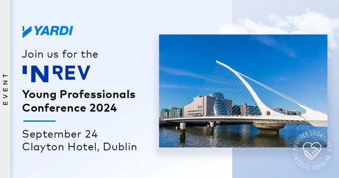 Promotional banner for the INREV Young Professionals Conference 2024, featuring the Samuel Beckett Bridge and skyline of Dublin, hosted at Clayton Hotel on September 24, sponsored by YARDI.