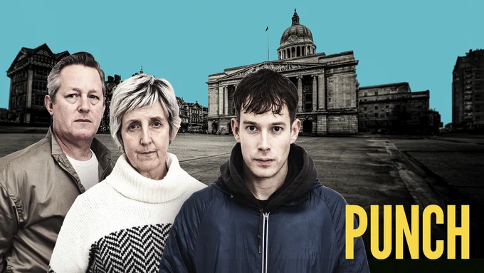 A man, a woman and a younger man look direct to camera. In the background are city buildings. The word Punch is in yellow.