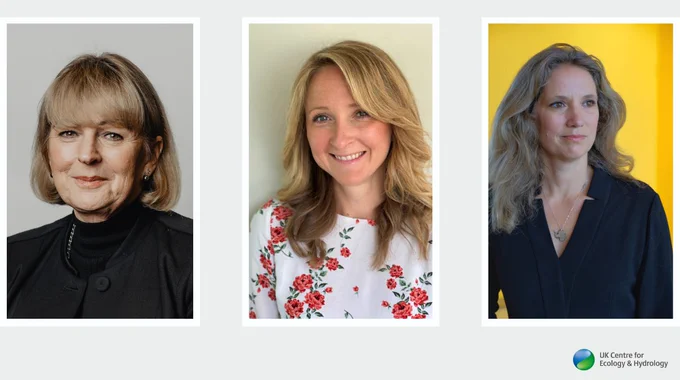 Left to right Judith Batchelar OBE, Victoria McMyn and Prof Emily Shuckburgh OBE, and the UKCEH logo