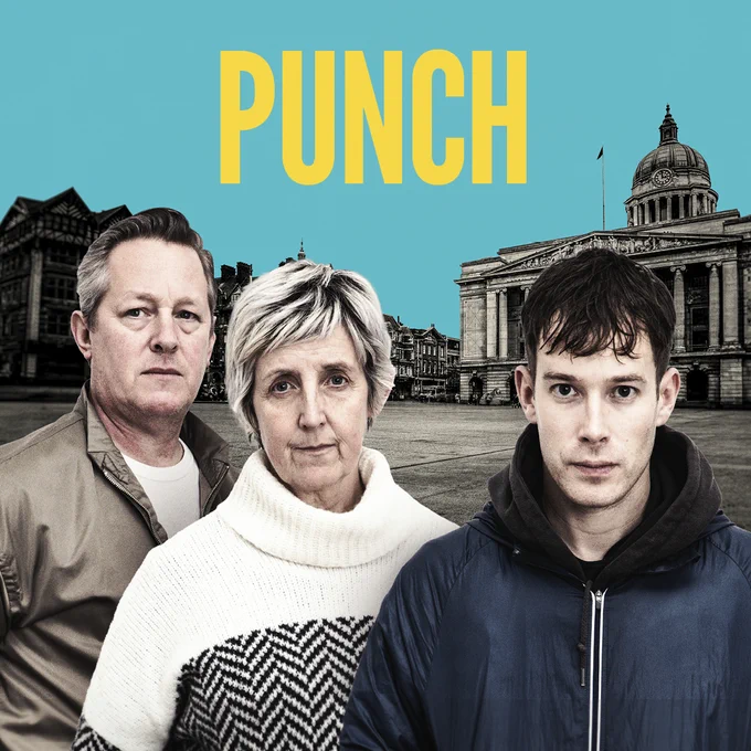 Set against a blue background, three people are positioned in front of a black and white cityscape of town buildings. Yellow text over the image reads: 'Punch'