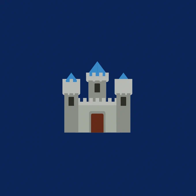 Illustration of a simple castle with three towers, each topped with a blue cone-shaped roof. The castle is depicted against a solid dark blue background and features a central red door.