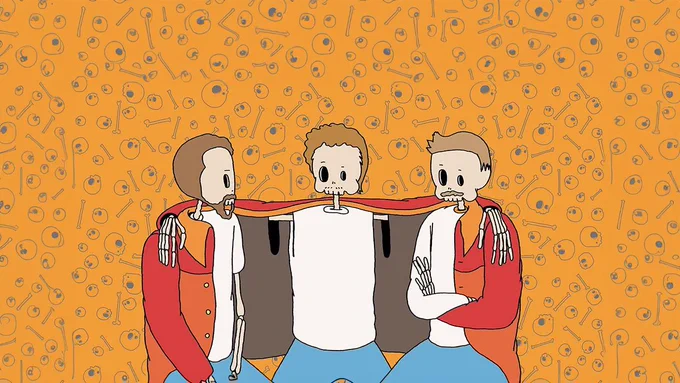 Orange background with 2d hand drawn skulls. The skeleton 'people' are standing next to each other sharing an orange and red jacket. The skeleton in the middle has it's hand around the other two on either side of it. They're all wearing a white top and blue jeans.