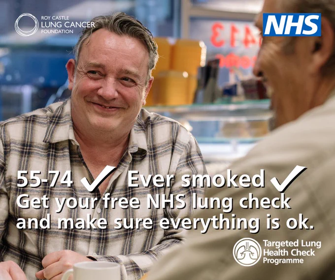 A white man with grey hair sits in a cafe. Words say:  55-74 (tick), ever smoked (tick) Get your free NHS lung health check and make sure everything is OK. 