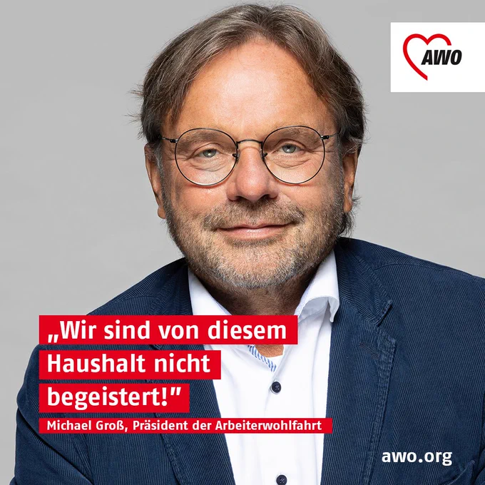 Textkachel mit Foto des AWO-Präsidenten Michael Groß. Dazu der Zitat-Text: Wir sind von diesem Haushalt nicht begeistert!
