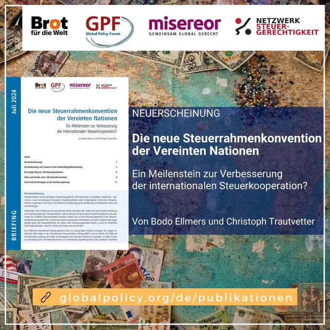 Weltkarte mit Geldscheinen im Hintergrund. Cover des Briefing Paper sowie Titel und Logos der Herausgeber im Vordergrund