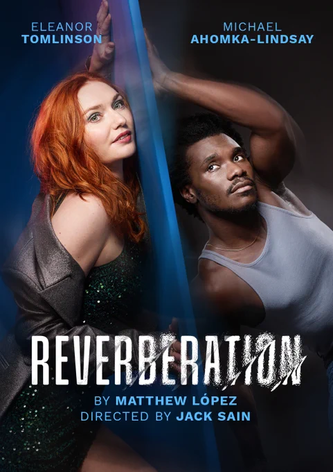 Reverberation artwork. A woman with red hair in a sparkly green dress leaning against a blue wall. On the other side of the wall there is a man in a grey vest top also leaning on the wall 