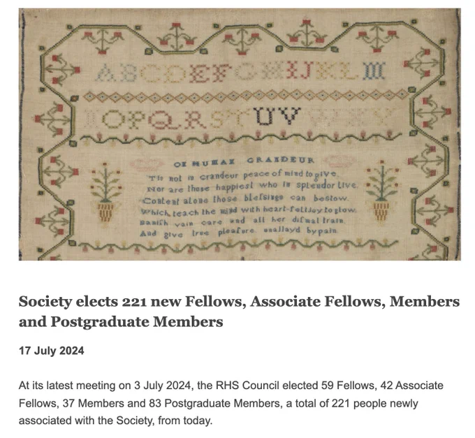 Screenshot of webpage announcing the election of 221 new Fellows and Members to the Royal Historical Society on 17 July 2024.