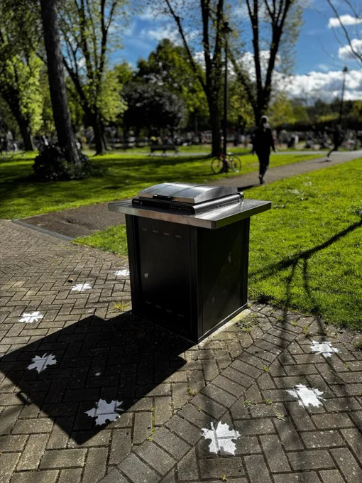 A public cooktop in Herbert Park, in a green, leafy area. Around it, there are leaf stencils on the ground. It's a lovely sunny day.