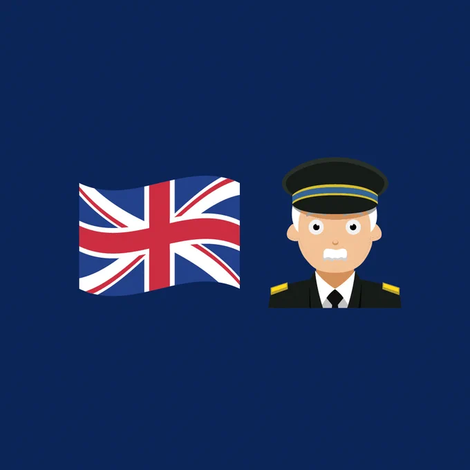 A graphic featuring a Union Jack flag on the left and a cartoon figure of an airplane pilot on the right, set against a solid dark blue background. The pilot is depicted with a serious facial expression, wearing a uniform with pilot insignia and a hat.