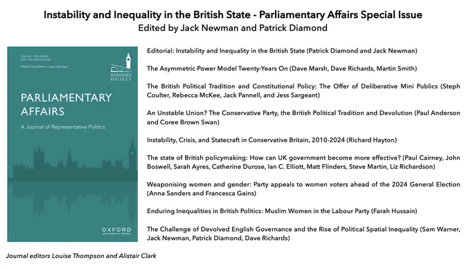 Instability and Inequality in the British State - Parliamentary Affairs Special Issue
Edited by Jack Newman and Patrick Diamond