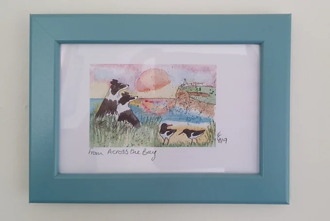 Watercolour of two collies looking at Noss Head lighthouse