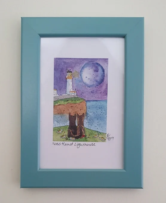 Watercolour of two collies looking at Noss Head lighthouse