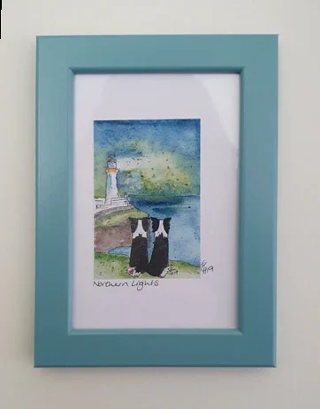 Watercolour of two collies looking at Noss Head lighthouse