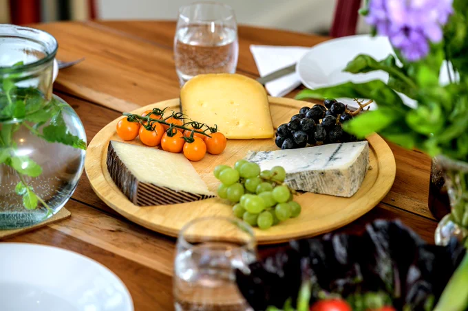 Cheese board with fresh fruit