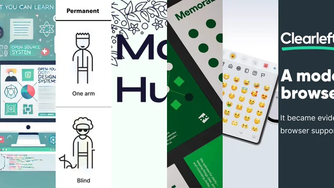 The image is a collage with various elements: an infographic about open-source design systems, icons representing a person with one arm and a blind person with a guide dog, the text "Mo Hu" with floral designs, green-themed graphics with geometric shapes and the word "Memorable," and a mobile device displaying an emoji keyboard with partial text about a modern browser, "Clearleft." The collage merges themes of accessibility, design systems, modern technology, and clear design principles and is being used to advertise the Clearleft curated links newsletter where the full images and associated alt text can be found. 