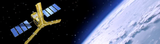 Vue d’artiste du satellite SMOS avec en doré, l’antenne interférométrique. © CESBIO-Mira