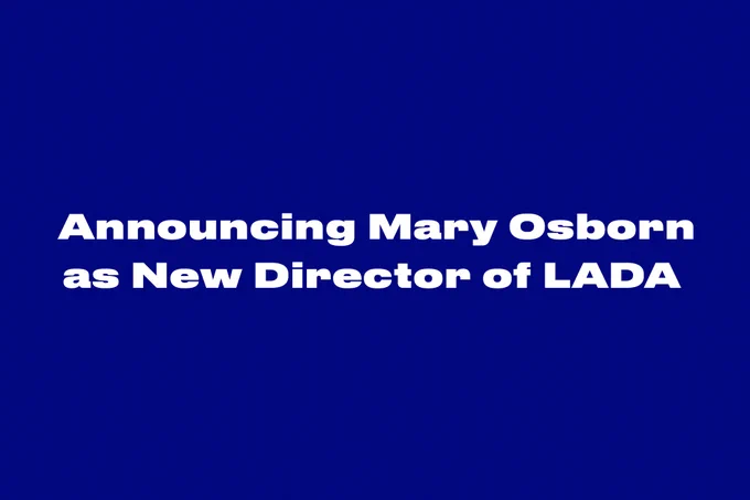 Text 'Announcing Mary Osborn as New Director of Lada' with white letters on midnight blue background