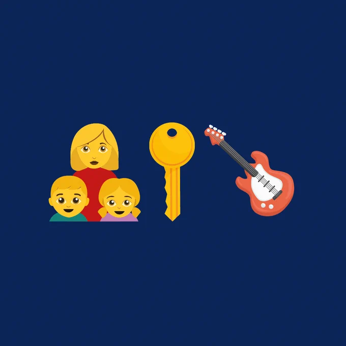 This image features a blue background with three illustrated icons: a family (a person with two children), a yellow key, and a red guitar. None of the entities are real and no text is present in the image.