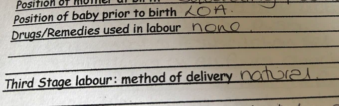 Midwife notes from birth. Drugs/remedies used in labour: none.