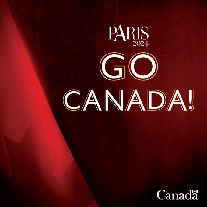 Poster with a red background. Text reads: Paris 2024, Go Canada!