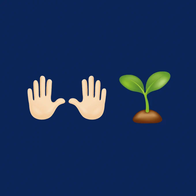 Two open hands emoji facing up, positioned next to a sprouting plant emoji with two green leaves and a brown soil mound, against a solid blue background.