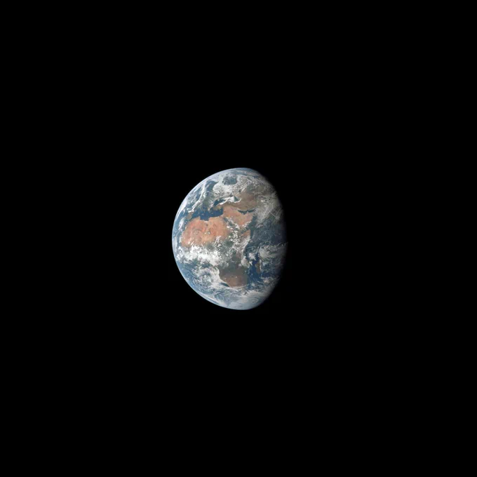 In the blackness of space, the Earth is ¾ illuminated in this photo taken on July 17, 1969. Africa and the Arabian Peninsula are visible in this spectacular photo taken by the Apollo 11 astronauts on their trans-lunar coast toward the Moon.