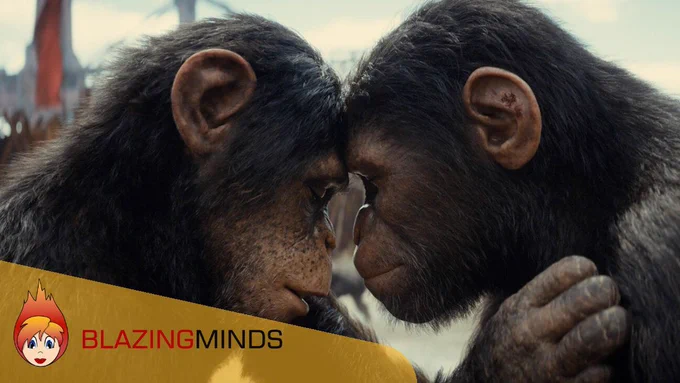 Apes head to head from Kingdom of the Planet of the Apes with the Blazing Minds logo.
