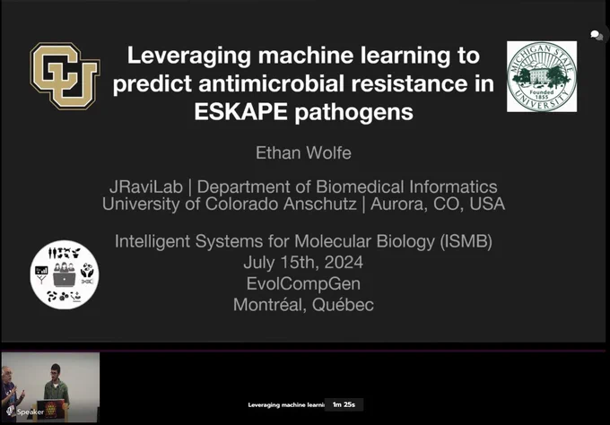Ethan Wolfe's talk slide on Leveraging machine learning to predict antimicrobial resistance in ESKAPE pathogens