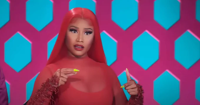 Screenshot of Nicki Minaj serving as a guest judge on Rupaul's Drag Race S12E1, "I'm That Bitch"
