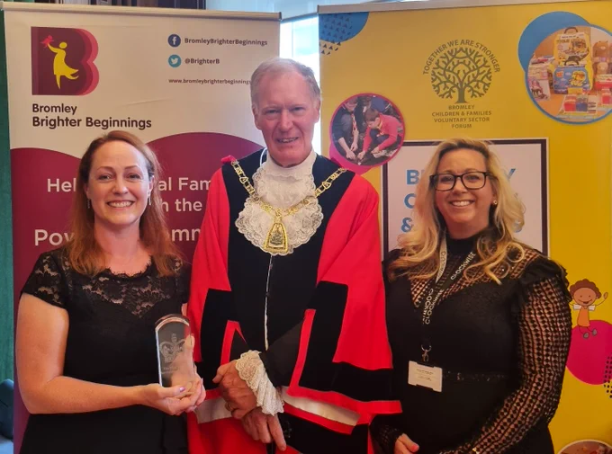 Photo from the reception of the Mayor with Emma Martin, Chair of Bromley Brighter Beginnings, and Samantha Britnell, CEO of Bromley Children and Families Forum.