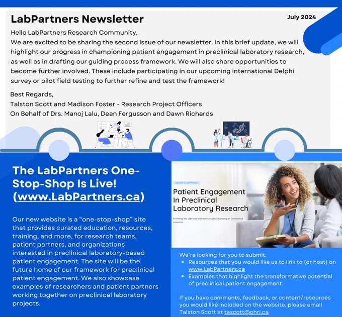 A screenshot of the first page of the LabPartners July newsletter, which has a blue and white colour palette. 