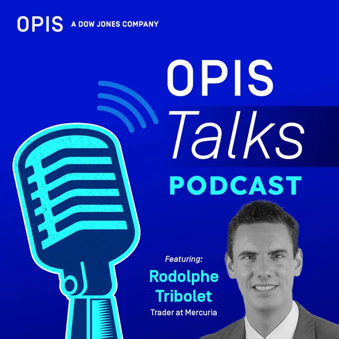 Promotional graphic for "OPIS Talks Podcast" featuring Rodolphe Tribolet from Mercuria, displayed with a microphone icon, set against a blue background with the OPIS logo visible at the top.