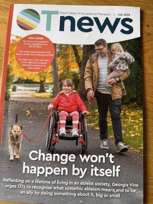A front cover of a magazine featuring an image of a young girl walking a dog in her wheelchair. Her dad I’d besides her carrying her younger sister.
