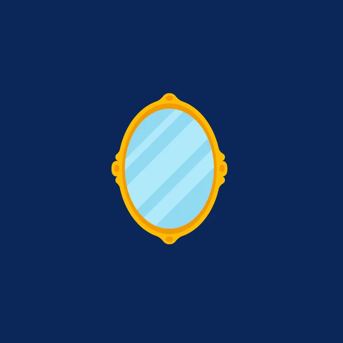 This image features a simple illustration of a yellow, oval-shaped mirror with a decorative frame against a solid dark blue background.