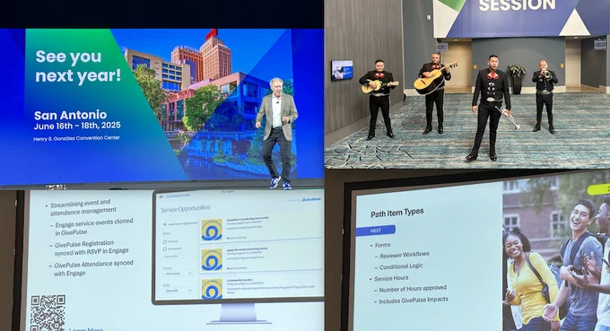Four images from Anthology Together featuring the announcement that AT25 will be in San Antonio, Texas! A picture of a mariachi band and slides sharing more about the GivePulse integration with Anthology Engage to support campuses with streamlining event and attendance management, and more!