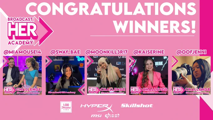 List of our first 2024 BroadcastHER Academy Winners. The list is on a pink background with the BroadcastHER Academy logo on the left and all of the sponsors logos on the bottom.