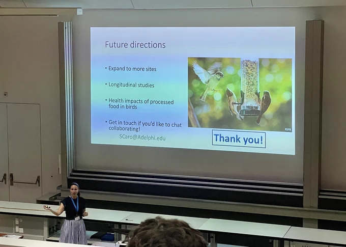 presentation slide text:
Future directions
• Expand to more sites
• Longitudinal studies
• Health impacts of processed food in birds
• Get in touch if you'd like to chat collaborating!