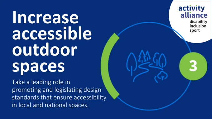 Graphic says: Increase accessible outdoor spaces. Take a leading role in promoting and legislating design standards that ensure accessibility in local and national spaces. There's also a graphic showing the outline of a path and trees.