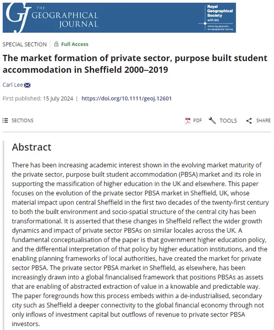 Title and abstract for 'The market formation of private sector, purpose built student accommodation in Sheffield 2000–2019' by Carl Lee in The Geographical Journal. 