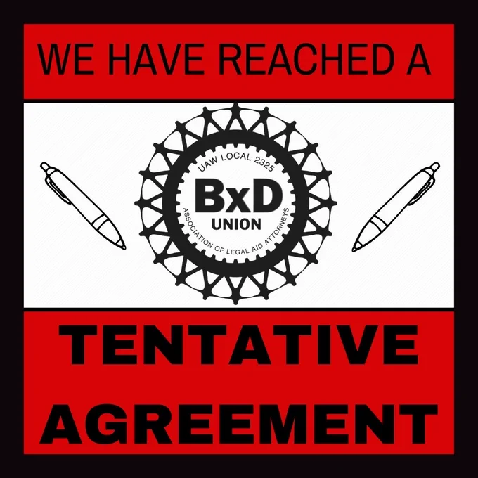 Text around the BxD Union logo reads: WE HAVE REACHED A TENTATIVE AGREEMENT.