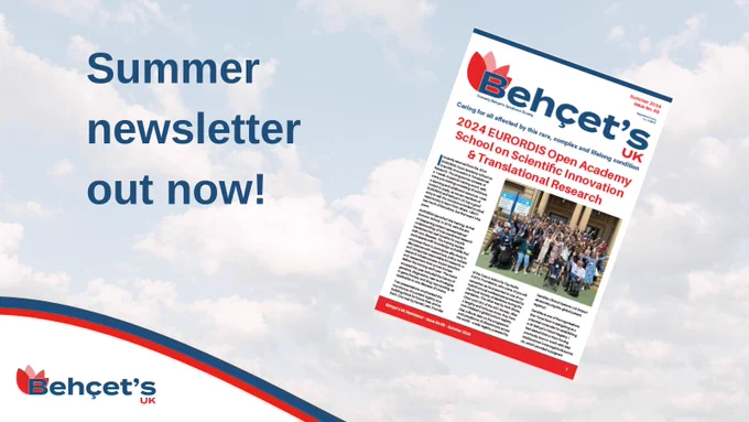 Photo of the front cover of the Behçet's UK summer 2024 newsletter. Text next to it says "Summer newsletter out now!".