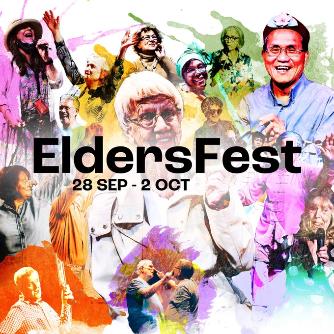 A colourful montage of the Elders members. With splattered paint and the word EldersFest in the middle with the date, 28 SEP - 2 OCT.