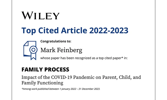 certificate from Wiley publishing congratulating Mark Feinberg for having one of the top 10 cited articles in the journal Family Process. The title of the article is, "Impact of the COVID-10 Pandemic on Parent, Child, and Family Functioning"
