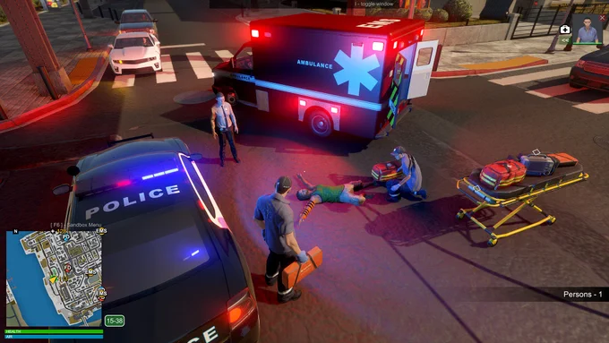 A screenshot from Flashing Lights showing an injured patient on the road being attended to by a player and two computer-controlled characters.