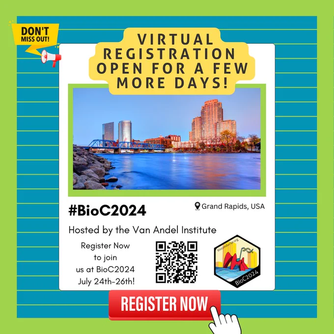 Bioconductor virtual registration still open. BioC 2024 at Van Andel Institute, Grand Rapids, MI.