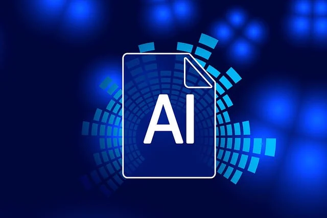 Rows of concentric blue rectangles in background with blue file image with dog-eared corned and the letters AI in the foreground