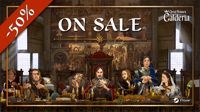 Great Houses of Calderia - Keyart with nobles dining at banquet and the text "On sale (-50%).