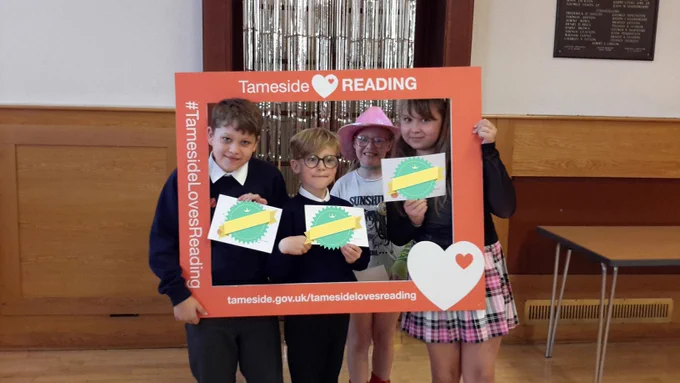 A photo of pupils from Moorside Primary School in Droylsden at the Reading Champions Celebration event at Dukinfield Town Hall.