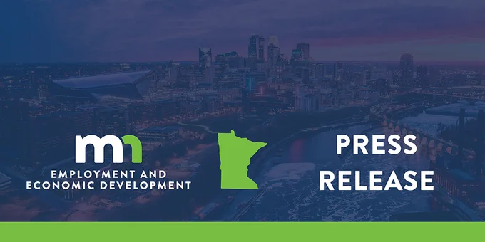 Banner image with "Minnesota Employment and Economic Development" logo on the left, featuring a panoramic cityscape at twilight. On the right, text reads "Press Release.